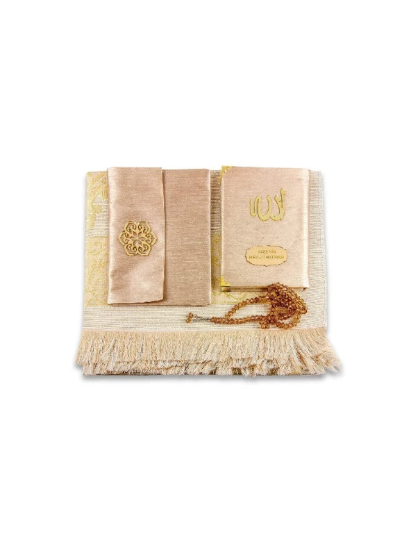 Şantuk Kumaş Kaplı Yasin Kitabı - Çanta Boy - İsme Özel Plakalı - Seccadeli - Tesbihli - Keseli - GOLD Renk - Mevlid Hediyeliği - Resim 2