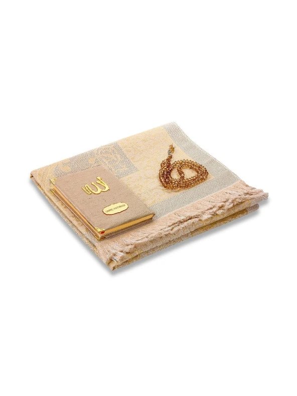 Şantuk Kumaş Kaplı Yasin Kitabı - Çanta Boy - İsme Özel Plakalı - Seccadeli - Tesbihli - Keseli - GOLD Renk - Mevlid Hediyeliği - Resim 3