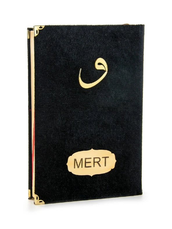 İsme Özel Kadife Kaplı Vavlı Orta Boy Mealli Kuran Siyah