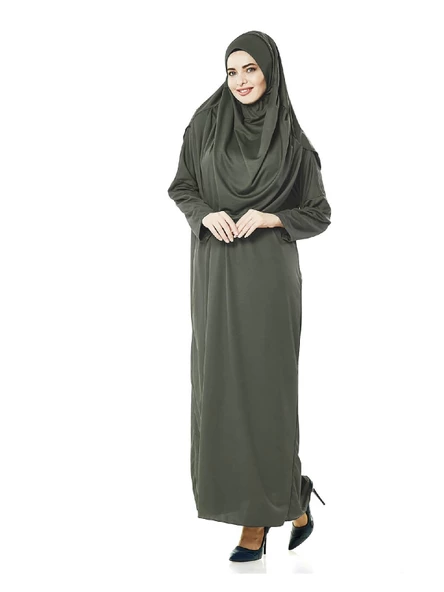 Tek Parça Namaz Elbisesi - Haki - 5015 & Seccade & Zikirmatik - Üçlü Takım - 5