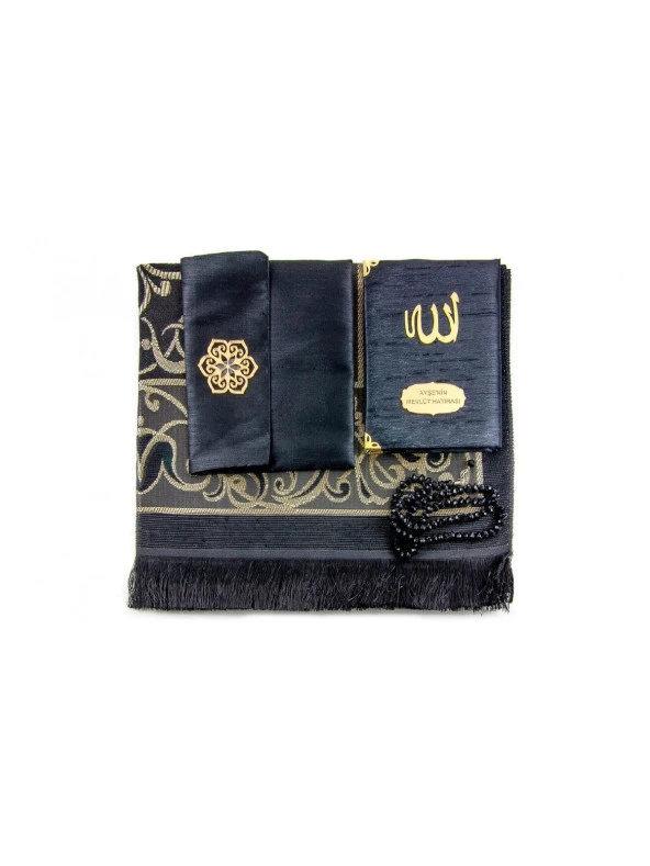 Şantuk Kumaş Kaplı Yasin Kitabı - Çanta Boy - İsme Özel Plakalı - Seccadeli - Tesbihli - Keseli - Siyah Renk - Mevlid Hediyeliği - Resim 3