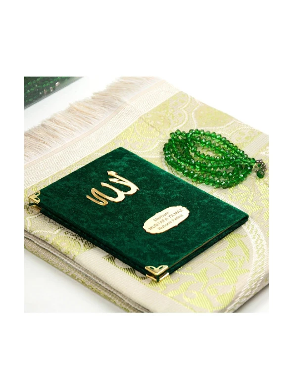 Anneler Gününe Özel Kadife Kaplı Yasin Kitabı - Çanta Boy - İsme Özel Plakalı - Seccadeli - Tesbihli - Kutulu - Yeşil Renk - Resim 2