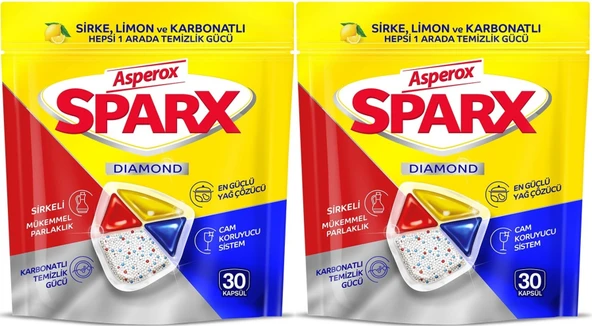 Asperox Sparx Bulaşık Makinesi Kapsülü 60 Adet Hepsi 1 Arada (Sirke-Limon-Karbonatlı) (2PK*30)