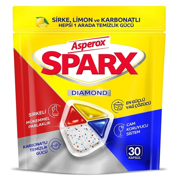 Asperox Sparx Bulaşık Makinesi Kapsülü 30 Adet Hepsi 1 Arada (Sirke-Limon-Karbonatlı)