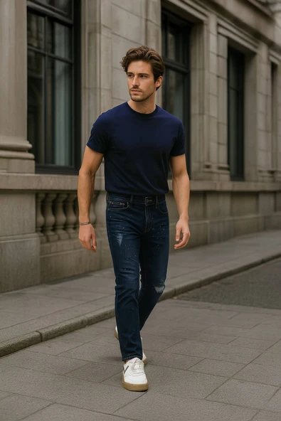 Erkek Dizi Yırtık Slim Fit Boya Detay Jean Pantolon - Resim 10