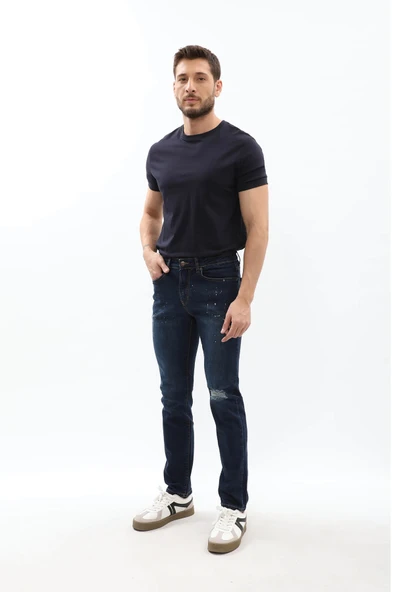 Erkek Dizi Yırtık Slim Fit Boya Detay Jean Pantolon - 3