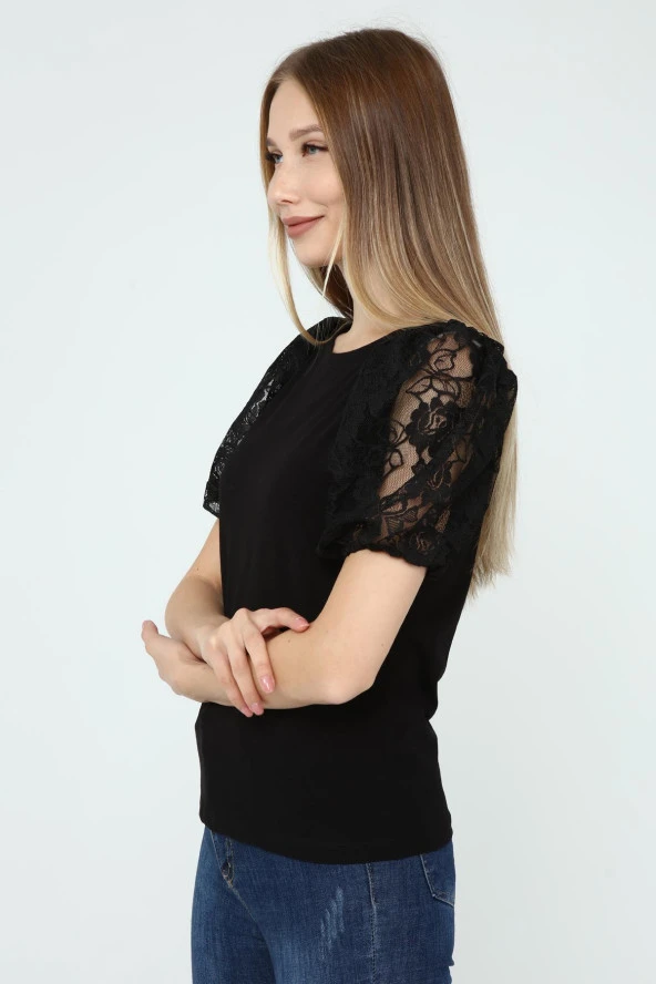 DRR Moda Kol Dantelli Bisiklet Yaka Bluz - 4