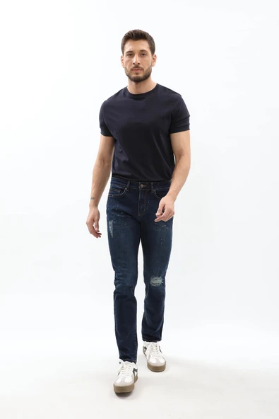 Erkek Dizi Yırtık Slim Fit Boya Detay Jean Pantolon - 2