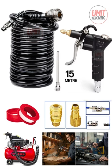 15 Metre Kompresör Spiral Hava Hortumu 8 Mm Hava Tabancası Recor Set Jak Takım - 1