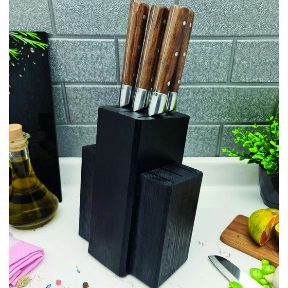 LAZBİSA Mutfak Bıçak Seti Standı Stant Takozu Ahşap Bıçaklık Estetik Doğal Damarlı Vernikli ( 11 Hazneli )