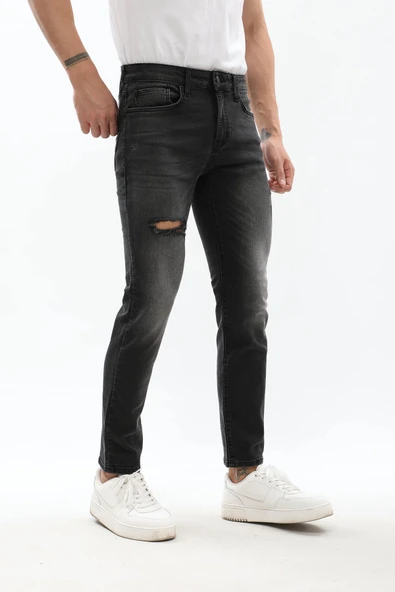 Erkek Slim Fit Yırtık Detay Antrasit Jean Pantolon - 7