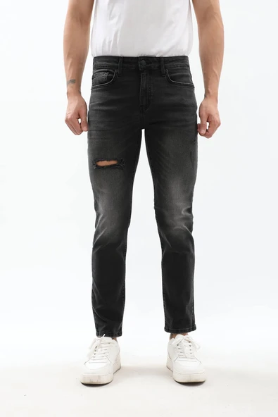 Erkek Slim Fit Yırtık Detay Antrasit Jean Pantolon - 6