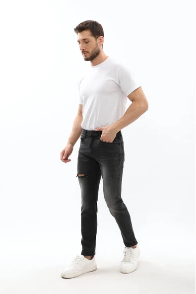 Erkek Slim Fit Yırtık Detay Antrasit Jean Pantolon - 4
