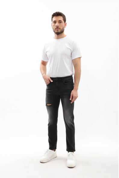 Erkek Slim Fit Yırtık Detay Antrasit Jean Pantolon