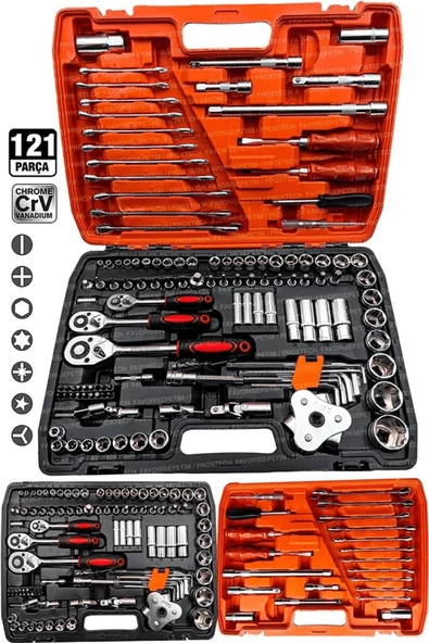 Profesyonel  Mekanik Krom Çelik  Premium Kalite 121 Parça Lokma Takımı 1/2-1/4-3/8 Full Set - 1