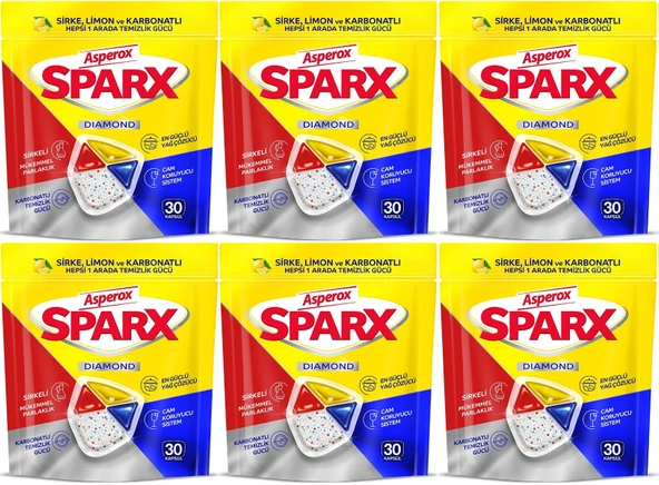 Asperox Sparx Bulaşık Makinesi Kapsülü 180 Adet Hepsi 1 Arada (Sirke-Limon-Karbonatlı) (6PK*30)