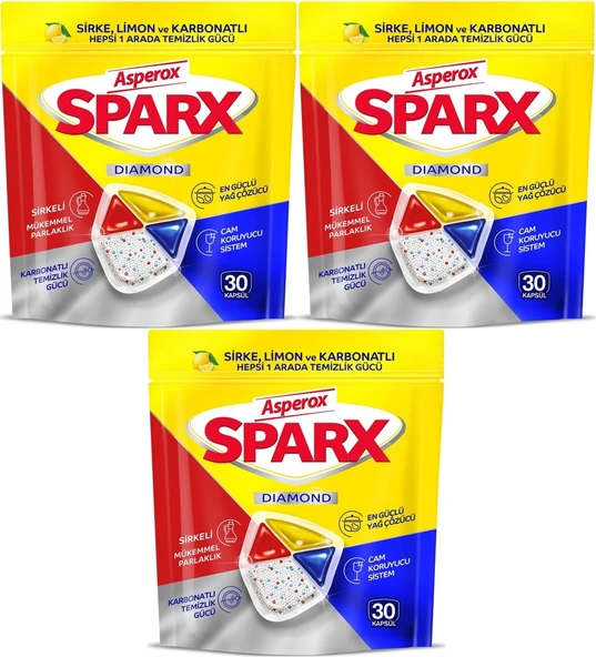 Asperox Sparx Bulaşık Makinesi Kapsülü 90 Adet Hepsi 1 Arada (Sirke-Limon-Karbonatlı) (3PK*30)