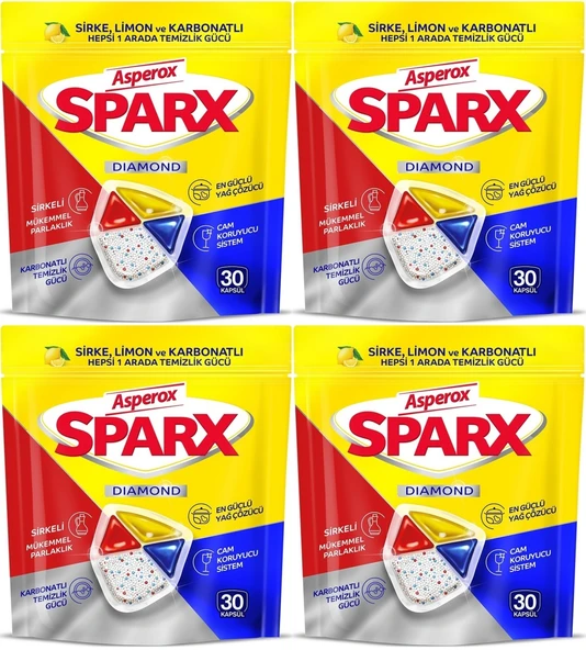 Asperox Sparx Bulaşık Makinesi Kapsülü 120 Adet Hepsi 1 Arada (Sirke-Limon-Karbonatlı) (4PK*30)