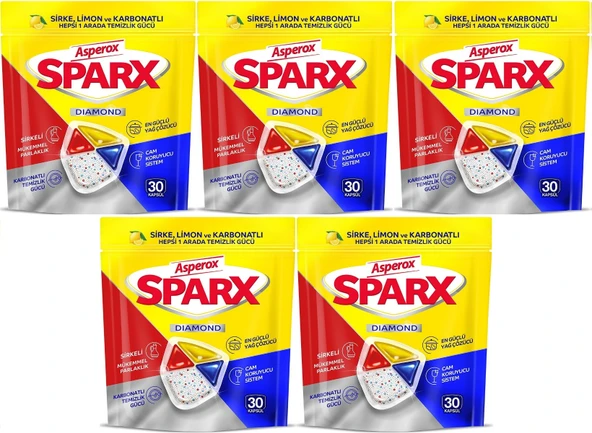 Asperox Sparx Bulaşık Makinesi Kapsülü 150 Adet Hepsi 1 Arada (Sirke-Limon-Karbonatlı) (5PK*30)