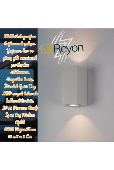 fullreyon 15 x 9 x 7 Cm, Plastik Beyaz Kasa Çift Yönlü İç ve Dış Mekan Armatürü, IP65 Sınıf Bahçe Duvar Apliği