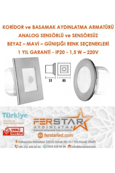 Ferstar Aydınlatma Yuvarlak Mavi Işık Analog Sensörlü Led Spot Koridor Ve Basamak Armatürü - Resim 3
