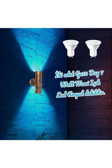 fullreyon Bakır Eskitme 14 Watt MAVİ IŞIK Gu10 Duy Led Aplik, Sarı Yaldız Armatür, Bahçe, Balkon Teras Apliği