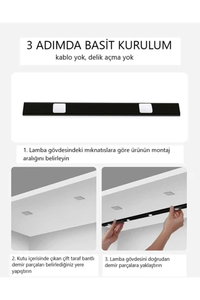 fullreyon 60 cm Hareket Sensörlü, Sensörsüz Kullanılabilir Usb Şarjlı Taşınabilir Mutfak, Dolap, Gece Lambası - 2
