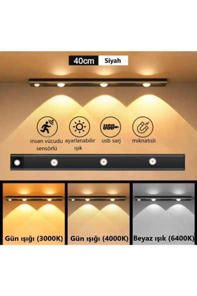 fullreyon 3 Adet 40cm Harekete Duyarlı Sensörlü Usb Şarj Dim Edilebilir Taşınabilir Mutfak Dolap, Gece Lambası - 2