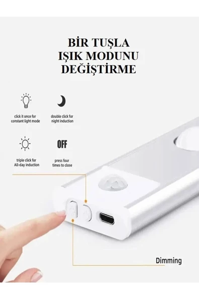 fullreyon 3 Adet 60 cm Sensörlü, Sensörsüz Kullanılabilir Usb Şarjlı Taşınabilir Mutfak, Dolap, Gece Lambası - 8