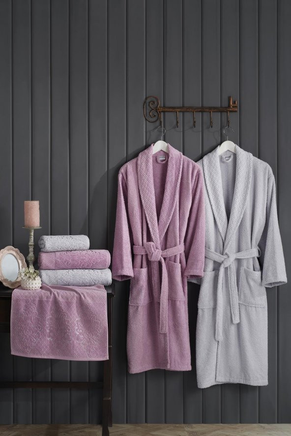 Çapa Home İlay Kadife Bornoz Set Gri&Gülkurusu