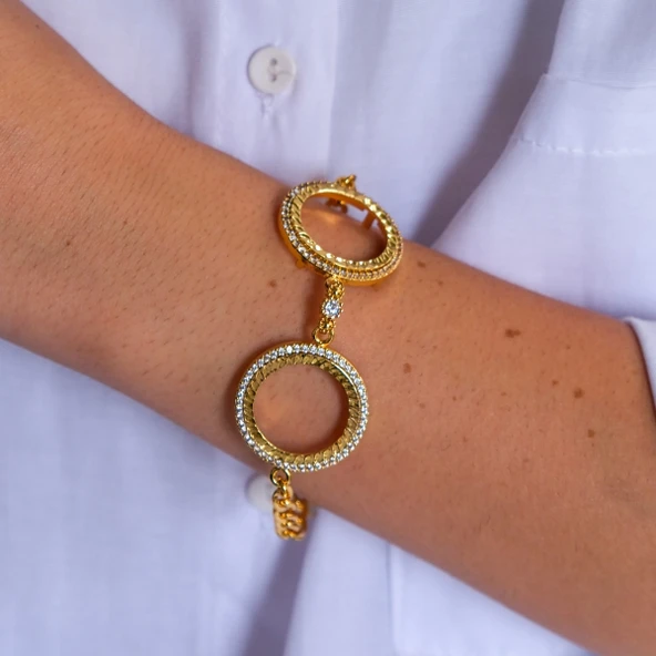 İki Yarımlı Çerçeve Bileklik Altın Kaplama Zirkon Taşlı Kelepçe BLK-1044 - Resim 2