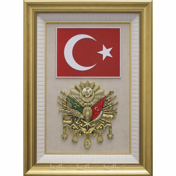 71x94cm Büyük Osmanlı Arması Tuğrası - Türk Bayrağı Çerçeveli Lüks Tablo