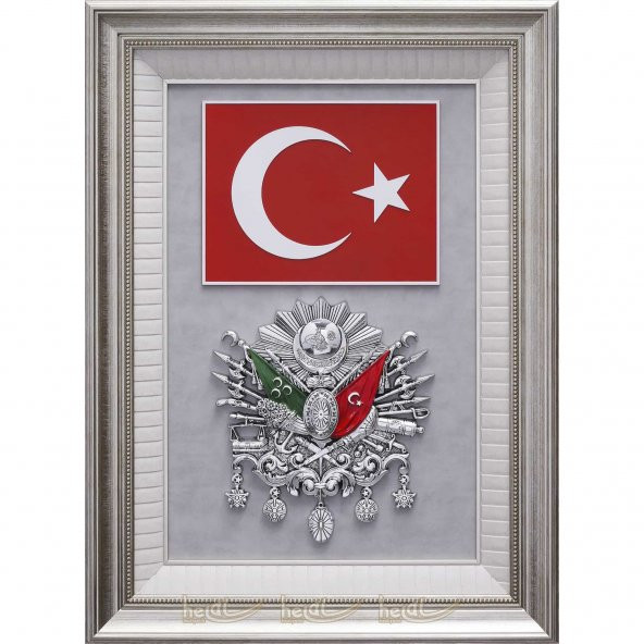 71x94cm Büyük Osmanlı Arması Tuğrası - Türk Bayrağı Çerçeveli Lüks Tablo - 2