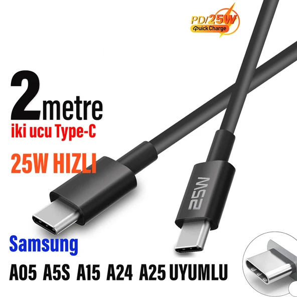 Samsung A05 A5S A15 A24 A25 Hızlı Şarj Kablosu Type-C den Type-C ye 2 metre Uzun Şarj Kablosu