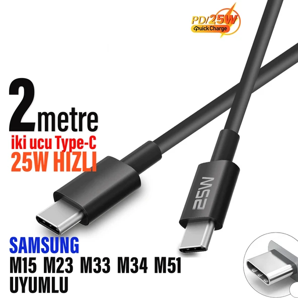 Samsung A33 A34 A35 A53 A54 A55 Type-C den Type-C ye 2 metre Uzun Şarj Kablosu 25W 2M - Resim 5