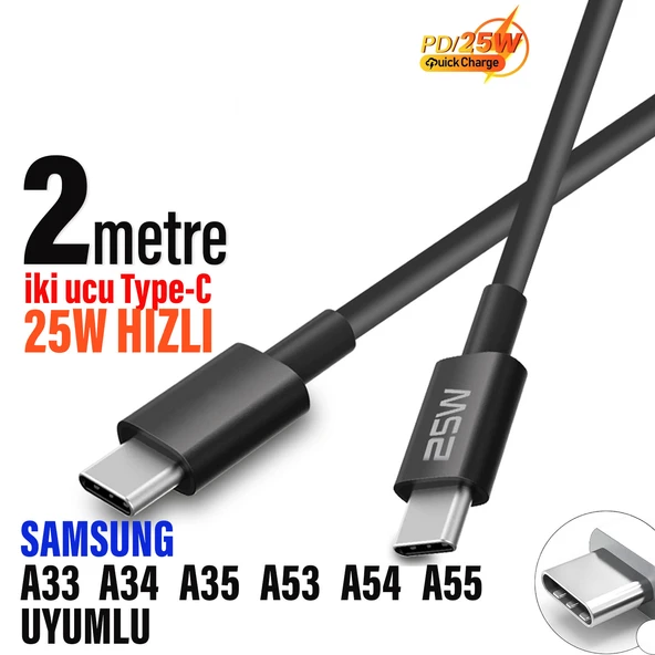 Samsung A05 A5S A15 A24 A25  Hızlı Şarj Kablosu Type-C den Type-C ye 2 metre Uzun Şarj Kablosu - Resim 3