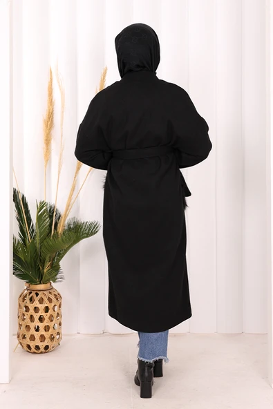 Tüylü Cep Detaylı Bel Kuşaklı Kaban 7865 Siyah - 5