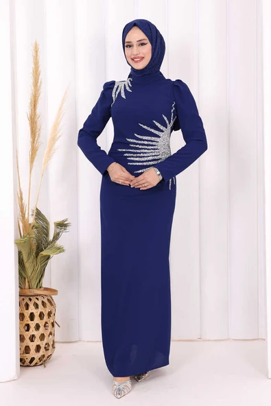 Omuz ve Bel Kısmı Taş Detaylı Abiye Elbise 3909 Lacivert ürün görseli 1