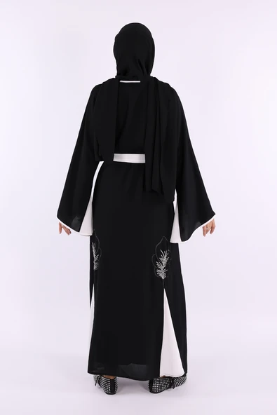 Nakış İşleme Detaylı Bel Kuşaklı Abaya 7901 Siyah - Resim 4
