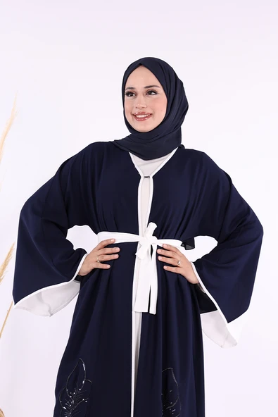 Nakış İşleme Detaylı Bel Kuşaklı Abaya 7901 Lacivert - 5