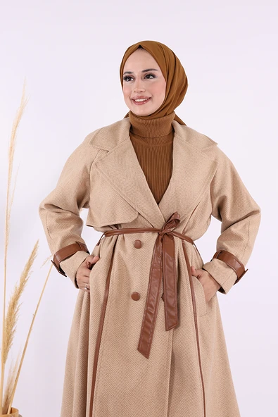 Astarlı Deri Detay Bel Kuşaklı Kaşe Kaban 7868 Vizon - 4