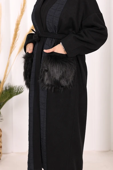 Tüylü Cep Detaylı Bel Kuşaklı Kaban 7865 Siyah - 7