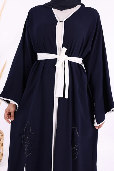 Nakış İşleme Detaylı Bel Kuşaklı Abaya 7901 Lacivert - 6