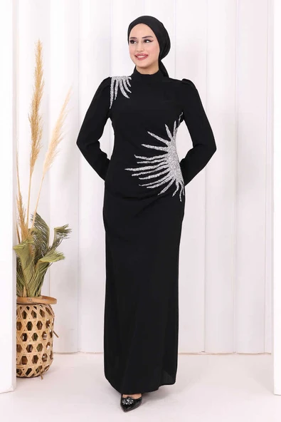 Omuz ve Bel Kısmı Taş Detaylı Abiye Elbise 3909 Siyah - Resim 2