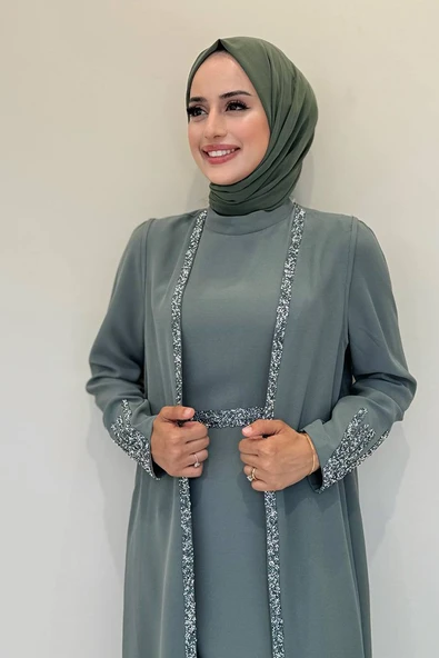 Taş İşleme Detaylı Yelekli Elbise Takım 3838 Mint - Resim 4