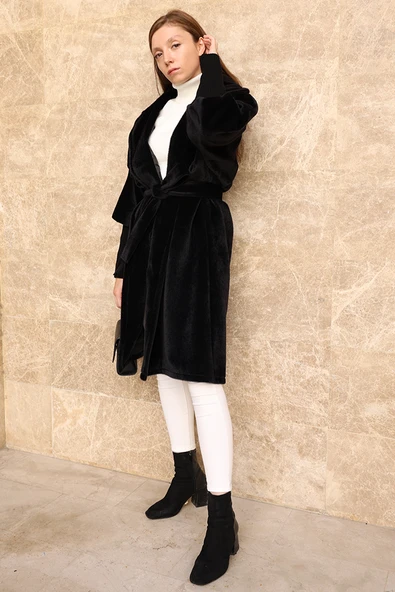 Bel Kuşaklı Yaka Taş Broş Detaylı Kaban 7874 Siyah ürün görseli 1