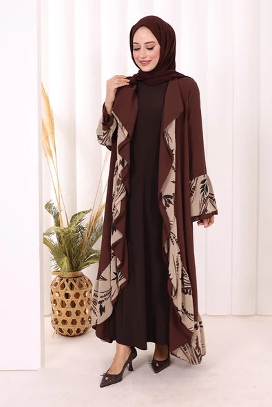 Çiçek Desenli Fırfırlı Abaya 7908 Kahverengi - Resim 2