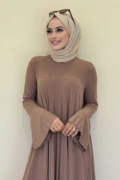 Pilise Detaylı Uzun Tunik ve Pantolon İkili Takım 8575 Taba - 4