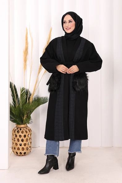 Tüylü Cep Detaylı Bel Kuşaklı Kaban 7865 Siyah - 2