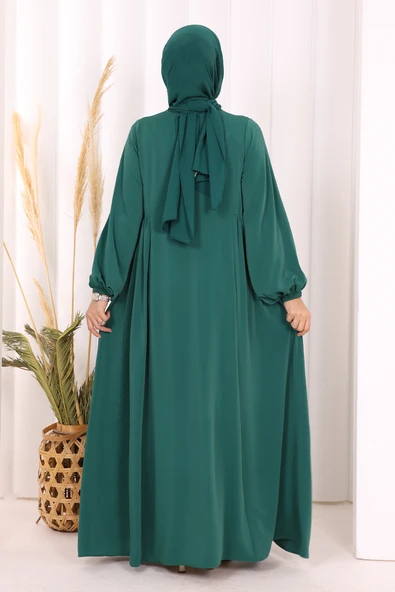 Oval Büzgülü Kol Manşetleri Lastikli Fermuarlı Tam Boy Ferace 6005 Zümrüt - Resim 5